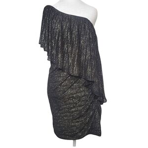 NWT Night Way Metallic Gold & Black One Shoulder Mini Dress Party Pleated Glam 8